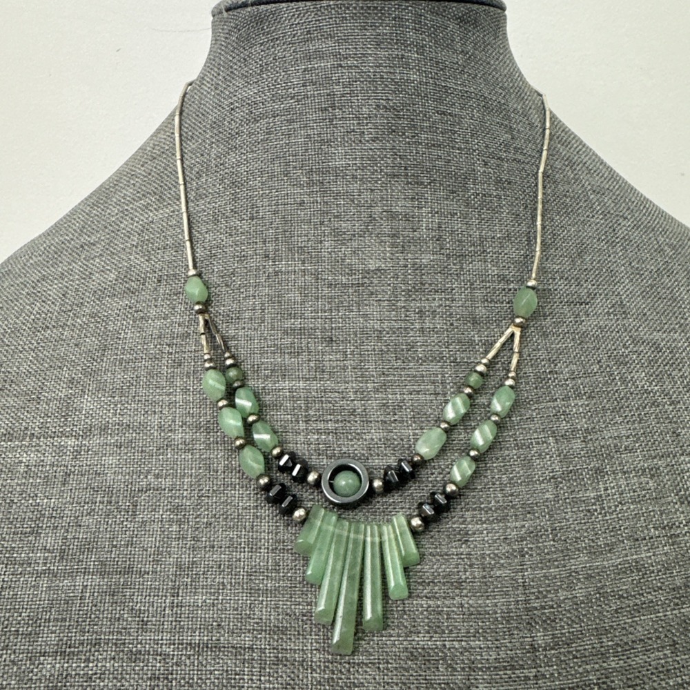 Silver, Jade Unique Double Tiered Beaded Necklace Indian Style Artisan 18"